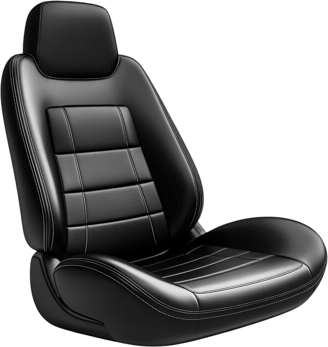 Asiento de automóvil negro, diseñado ergonómicamente, con tapizado de cuero y costuras decorativas, ideal para mejorar la comodidad y el estilo interior del vehículo.